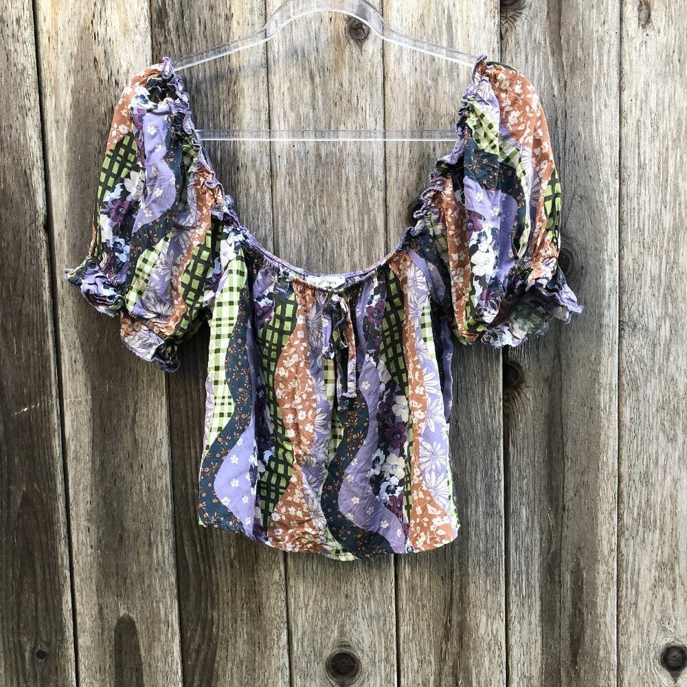 LA Hearts Patchwork Square Neck Puff Sleeves Crop Top Large